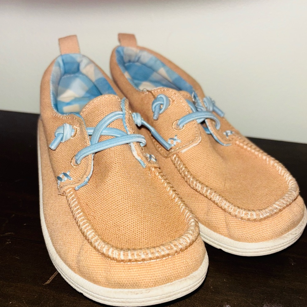 Kids Tan Boat Shoes with Blue Accents